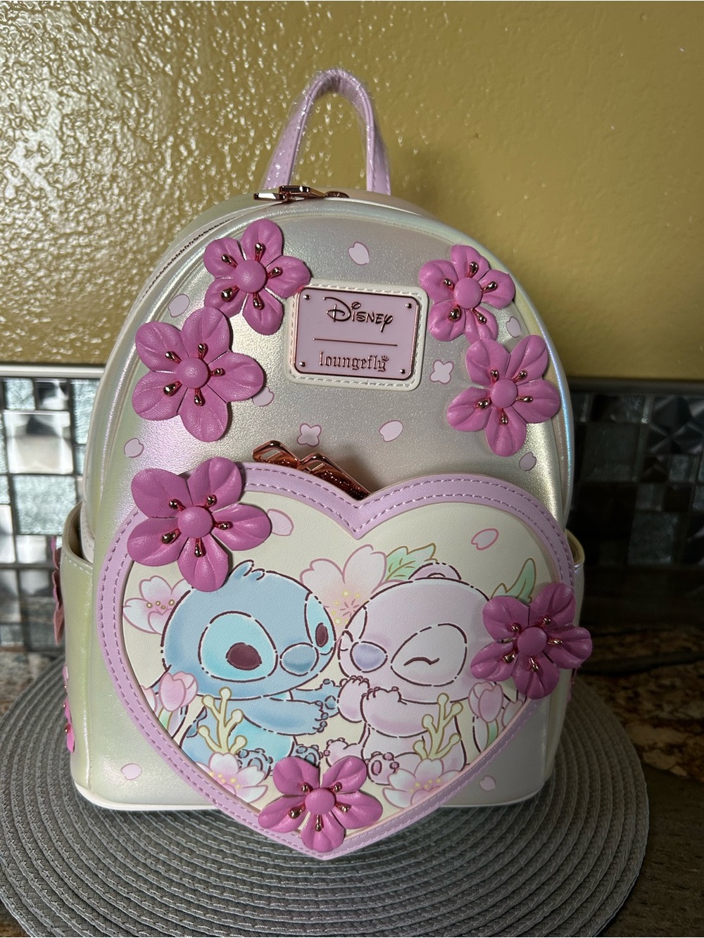 Loungefly Iridescent Stitch & Angel Floral Mini Backpack in Pink